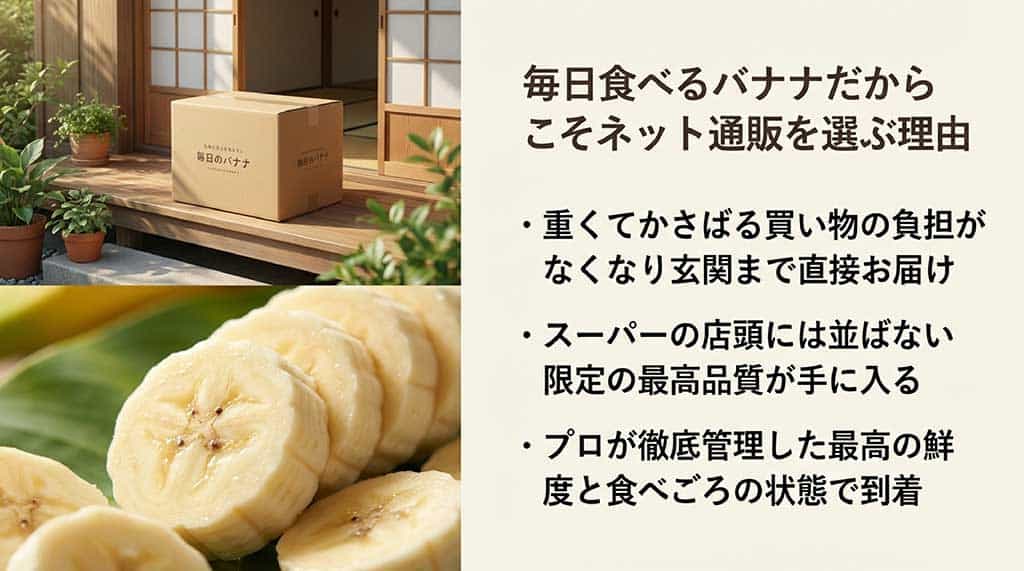 重い買い物の負担軽減、限定の最高品質、プロによる鮮度管理など、バナナを通販で買うメリットを解説したスライド