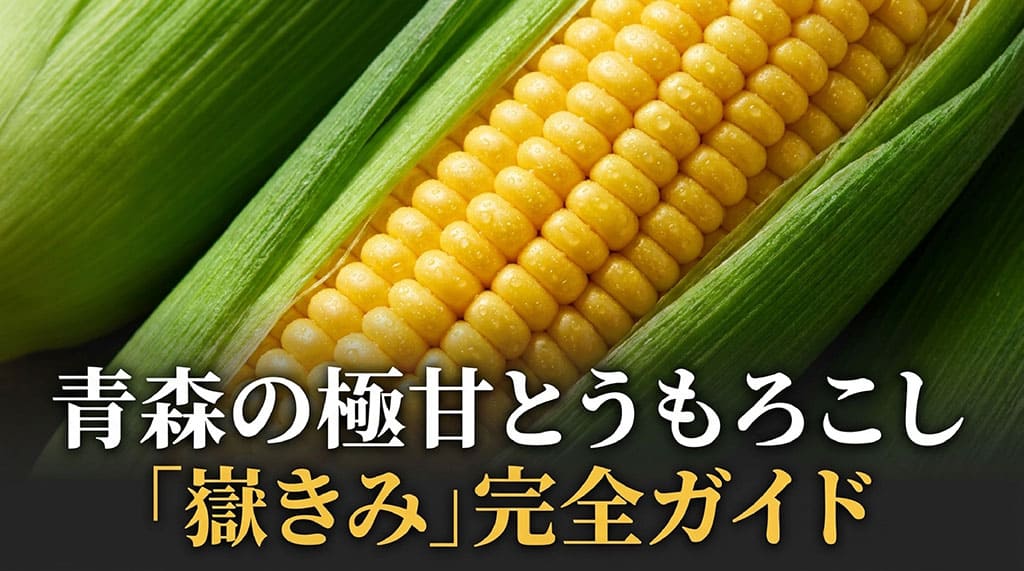 皮付きの黄色いとうもろこしを背景に、青森の極甘とうもろこし・嶽きみ完全ガイドと表示した記事サムネ