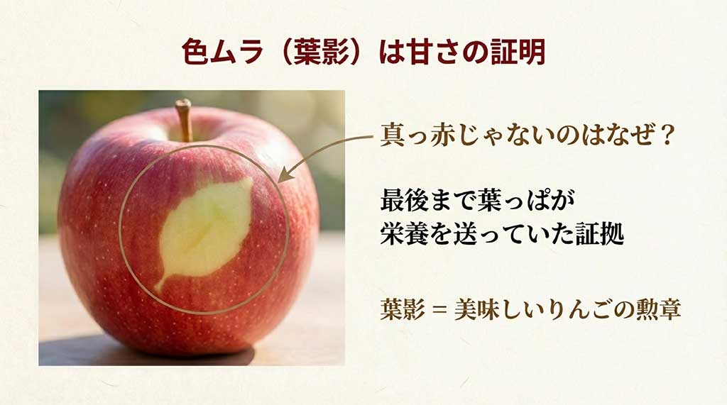 りんごの表面に葉っぱの形をした色ムラ(葉影)がある様子。これが最後まで葉から栄養が送られていた証拠であり、美味しいりんごの勲章であることを示している