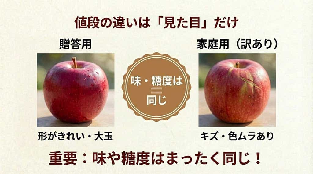 贈答用と家庭用(訳あり)の見た目の違いを比較した画像。形やキズの有無で値段は異なるが、味や糖度はまったく同じであることを強調している