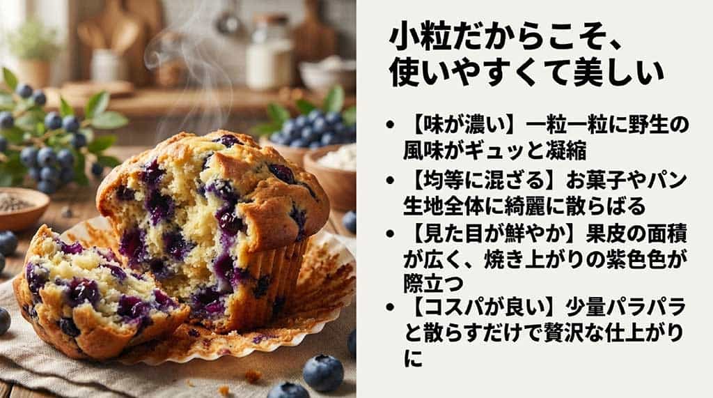 小粒なので味が濃く 、生地全体に均等に混ざり 、焼き上がりの紫色が際立つ メリットの解説