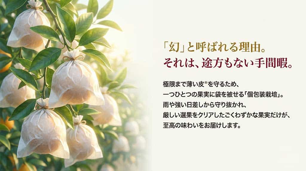繊細で薄い皮を守るため、果実一つひとつに袋を被せて大切に育てる「個包装栽培」の様子