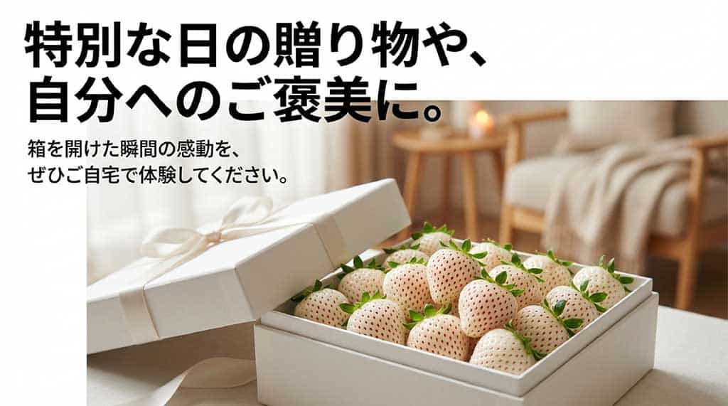 特別な日の贈り物や自分へのご褒美にふさわしい、箱を開けた瞬間に感動を与える白いちご