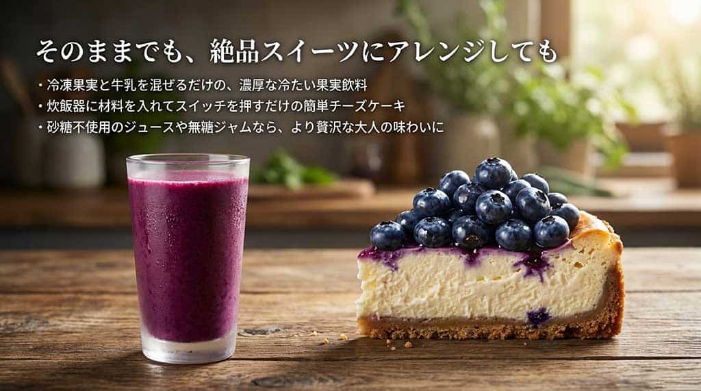 濃厚な果実飲料、炊飯器で作るチーズケーキ、無糖ジャムなど、ブルーベリーを美味しく楽しむアレンジレシピの紹介