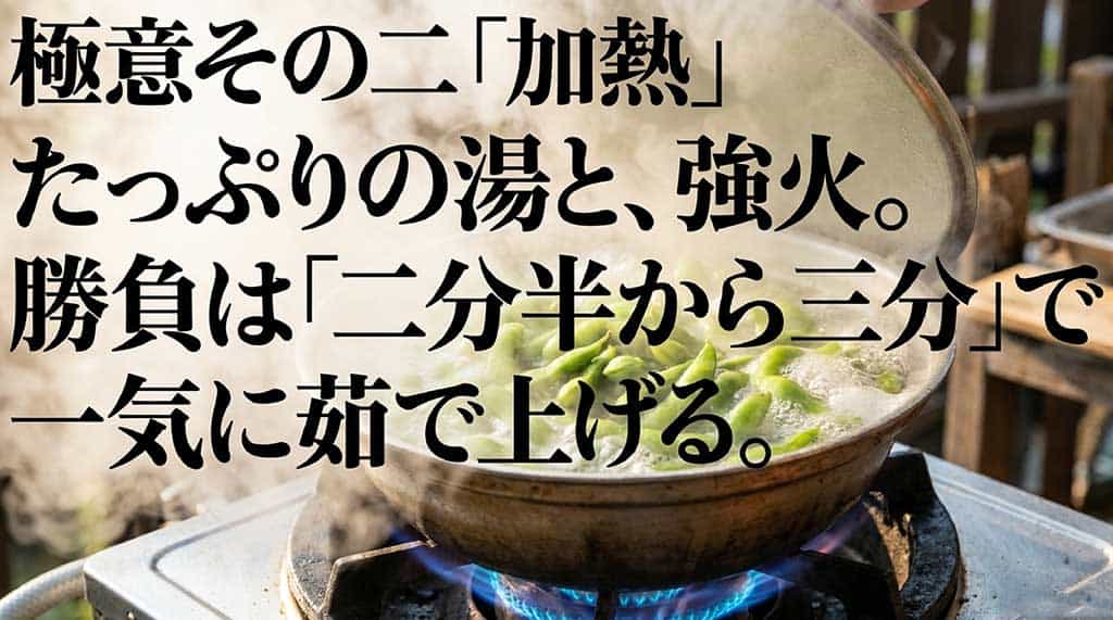 たっぷりの湯と強火で2分半から3分一気に茹で上げる工程を示したスライド画像