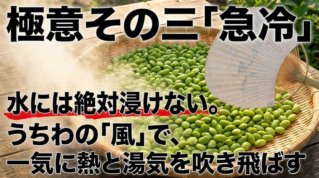 水に浸けずうちわの風で一気に熱と湯気を吹き飛ばす冷却工程を示したスライド画像