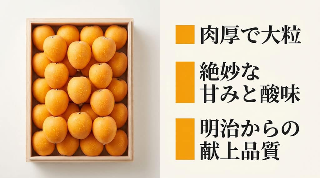 箱に並んだ房州びわと、肉厚で大粒、甘みと酸味のバランス、明治時代から続く献上の歴史を紹介した画像