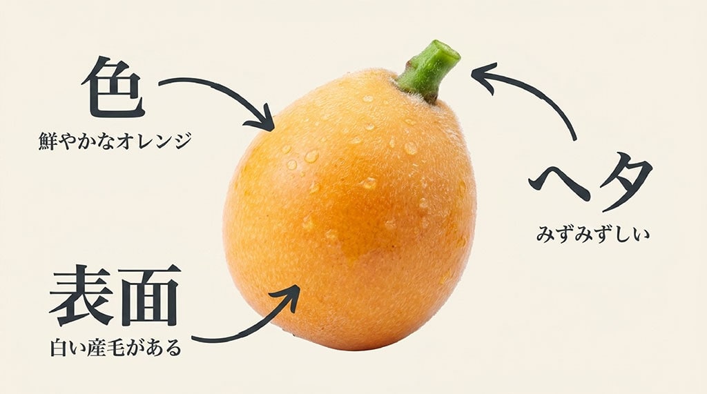 新鮮な房州びわの特徴として、鮮やかなオレンジ色、みずみずしいヘタ、表面に残る白い産毛を示した画像