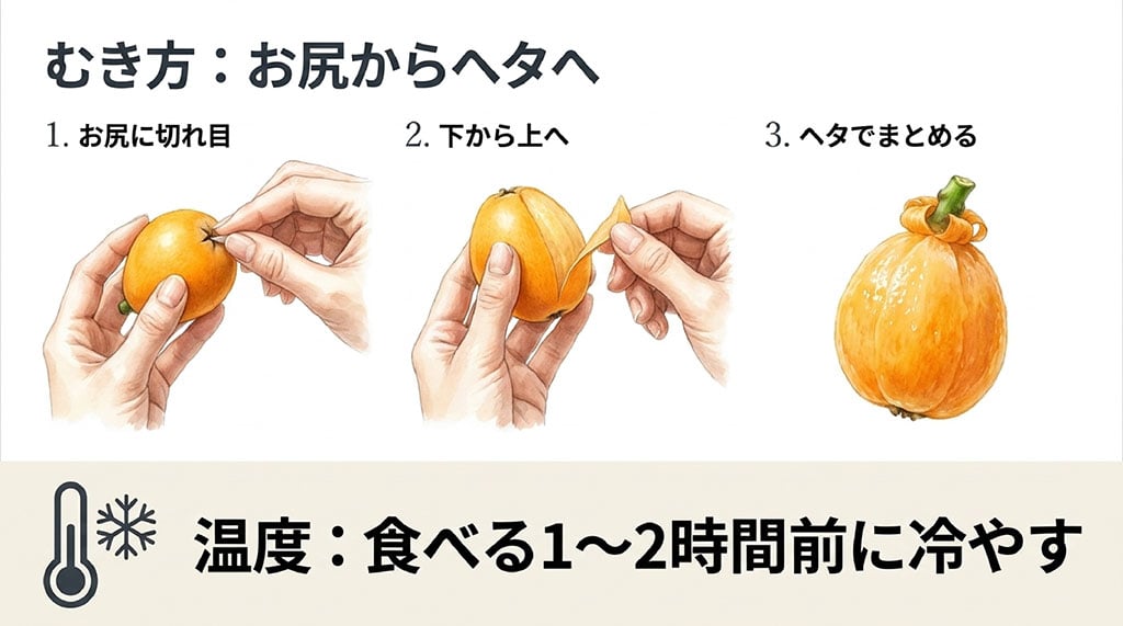 房州びわのお尻側に切れ目を入れ、下からヘタ方向へ皮をむく3段階の手順と、食べる1~2時間前に冷やす方法