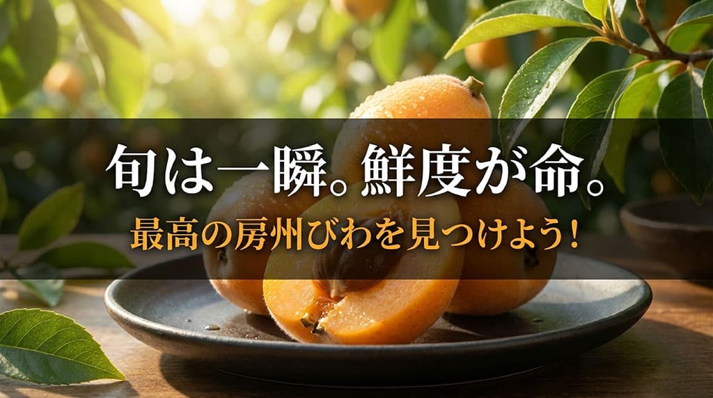 木になった房州びわとカットした果実を背景に、旬は短く鮮度が大切であることを伝えるまとめ画像