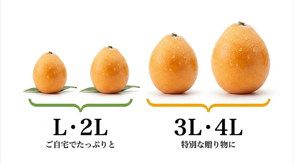 房州びわのL、2L、3L、4Lを大きさ順に並べ、自宅用と贈答用の選び方を示した画像