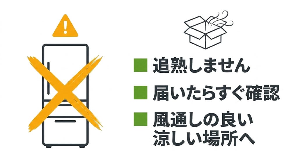 房州びわは追熟しないため、届いたらすぐ状態を確認し、冷蔵庫に長く入れず風通しの良い涼しい場所で保存することを示した画像