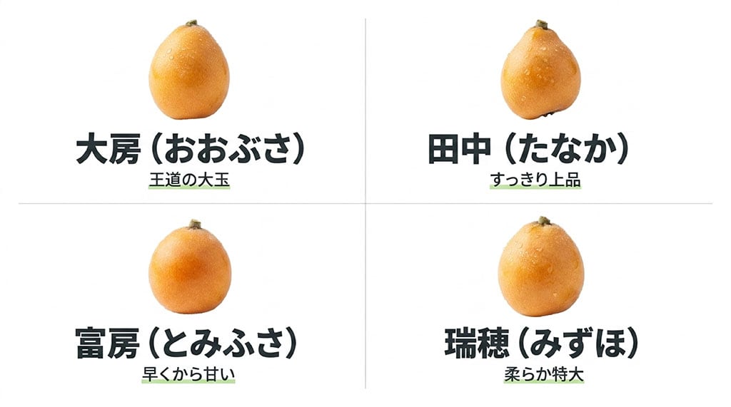 房州びわの代表品種である大房、田中、富房、瑞穂の見た目と特徴を比較した画像