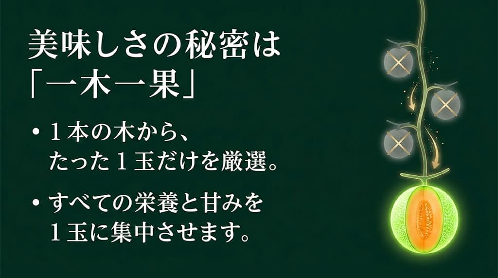1本の木からたった1玉だけを厳選して栄養と甘みを集中させる一木一果栽培のイメージ画像