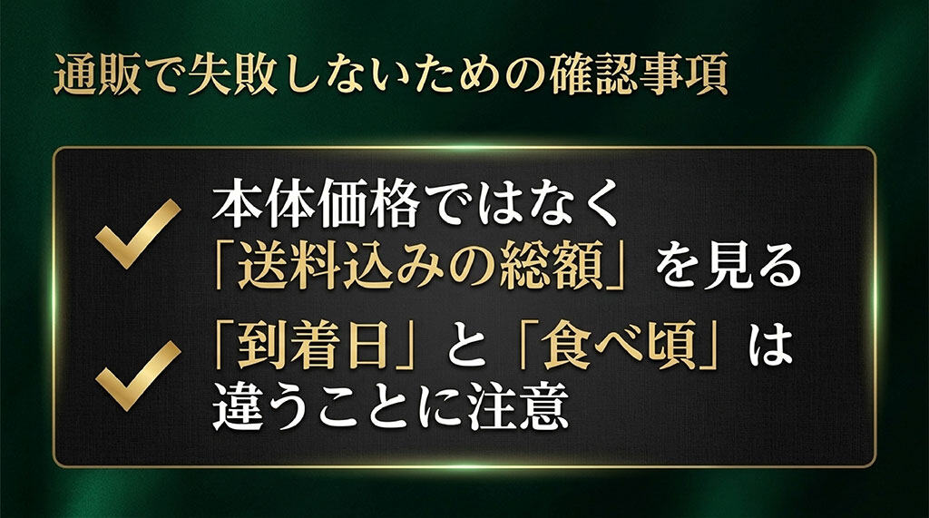 送料込みの総額を見ることや、到着日と食べ頃予定日が異なる注意点をまとめた図説