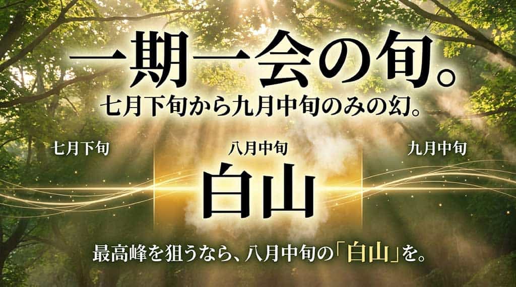 7月下旬から9月中旬までの旬の時期と、8月中旬の最高峰品種「白山」を紹介したスライド画像