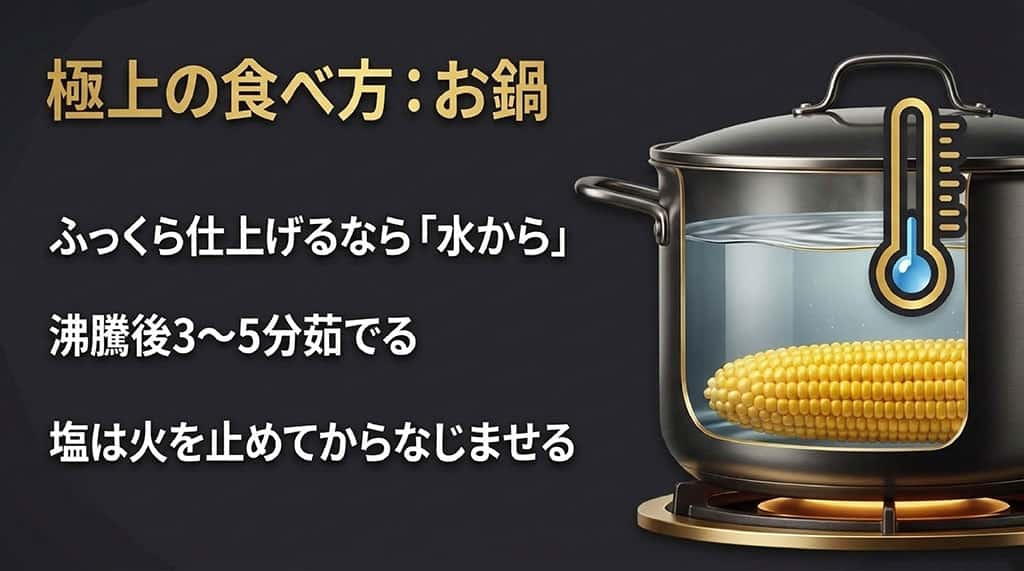 嶽きみを水から加熱し、沸騰後3～5分茹で、火を止めてから塩をなじませる手順を示した図