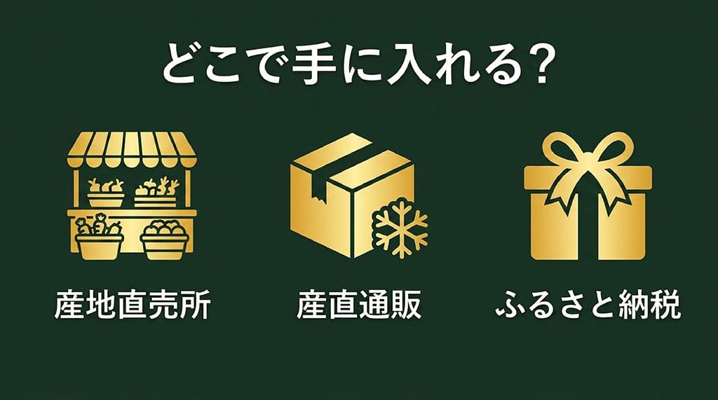 嶽きみの主な購入方法として、産地直売所、産直通販、ふるさと納税の3つを示した図
