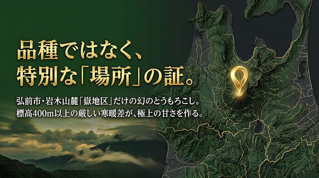 青森県の地図と岩木山麓の風景を使い、嶽きみが弘前市嶽地区だけの産地ブランドで、標高400m以上の寒暖差がある場所で育つことを示した図