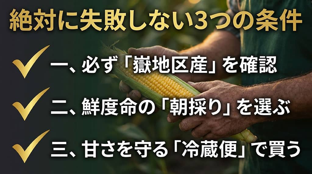 嶽きみを通販で選ぶ条件として、弘前市嶽地区産、朝採り、冷蔵便の3項目を示したチェックリスト
