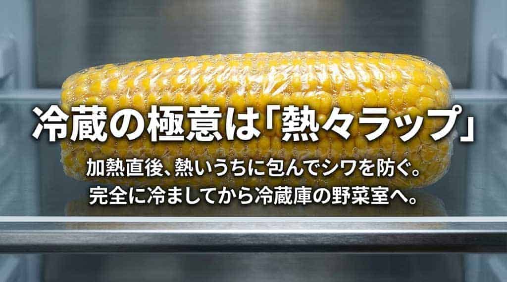 加熱直後の熱いうちにラップで包みシワを防ぎ、冷ましてから野菜室で保存する方法