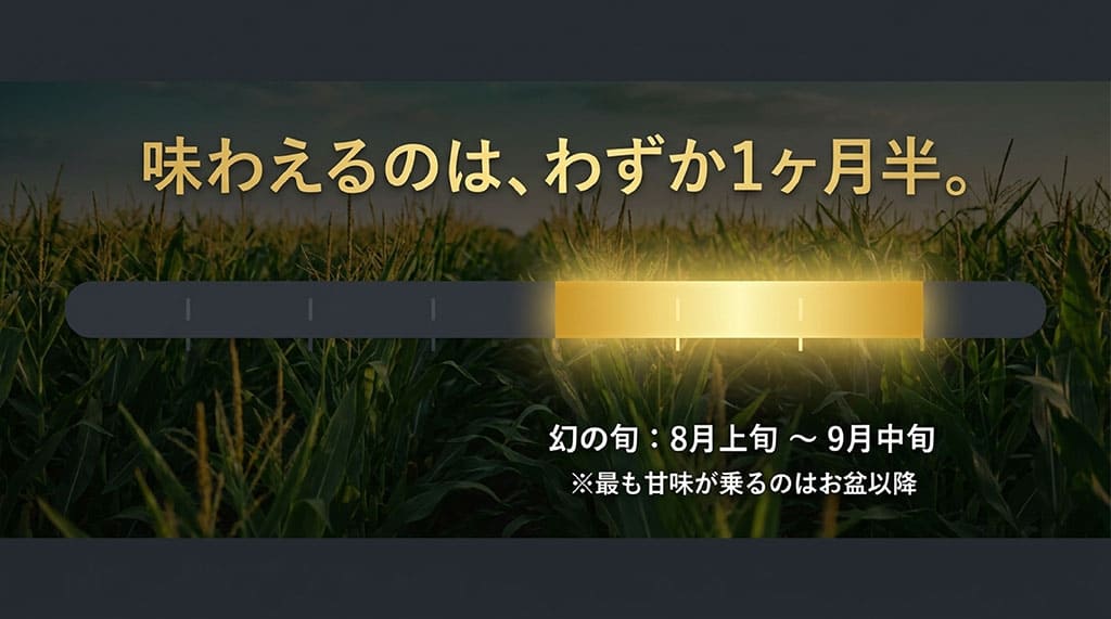 とうもろこし畑と期間を示すバーを使い、嶽きみの旬が8月上旬から9月中旬頃で、8月中旬以降は甘味が安定しやすいことを示した図