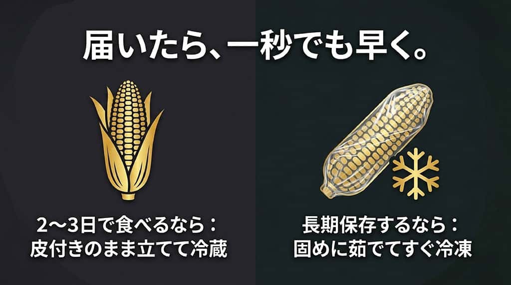 嶽きみを2～3日で食べる場合は皮付きのまま立てて冷蔵し、長期保存する場合は固めに茹でて冷凍する方法を示した図
