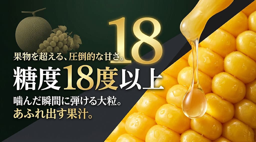 嶽きみの黄色い粒と蜜のイメージで、糖度18度以上になることがある甘さ、弾ける大粒、豊かな果汁感を示した図