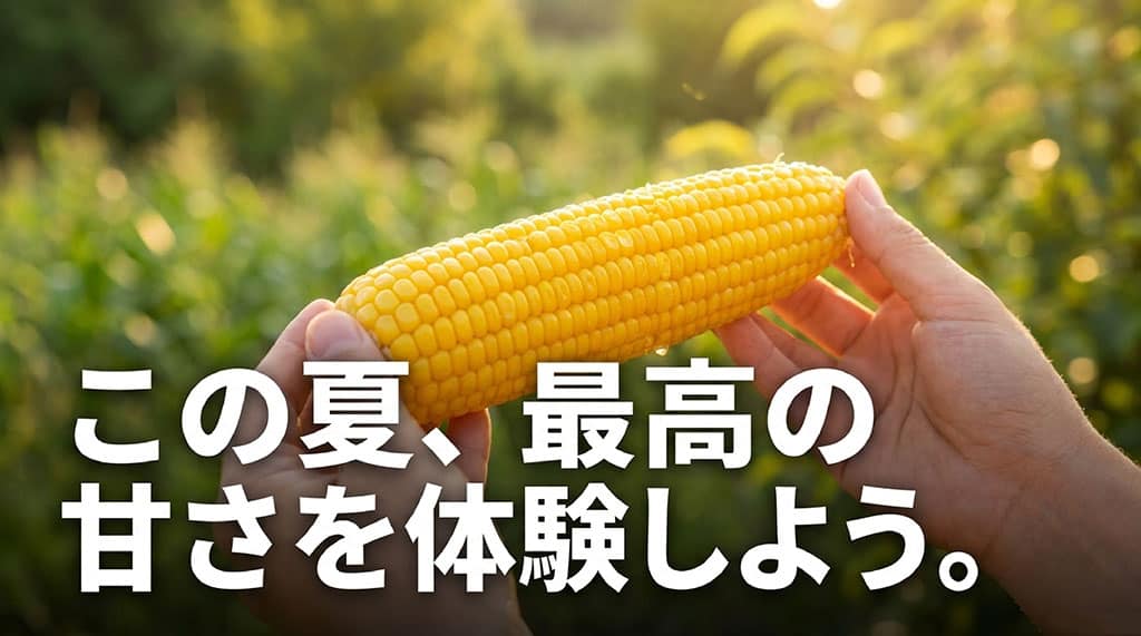 夏のとうもろこし畑を背景に、手で持った黄色い嶽きみと、この夏最高の甘さを体験しようというメッセージを表示した画像