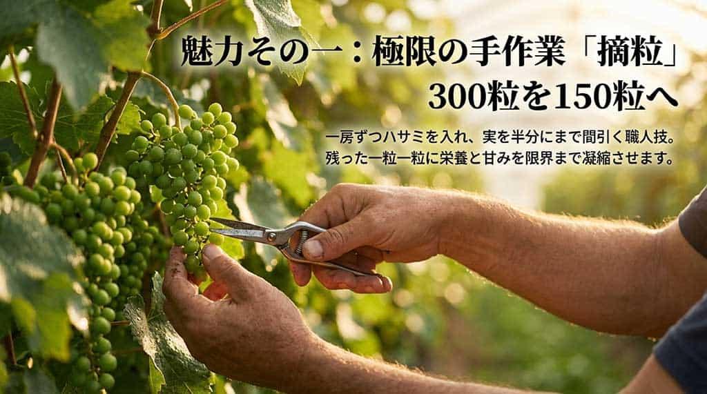 300粒の身を半分（150粒）にまで間引くことで栄養を凝縮させる職人技「摘粒」の解説