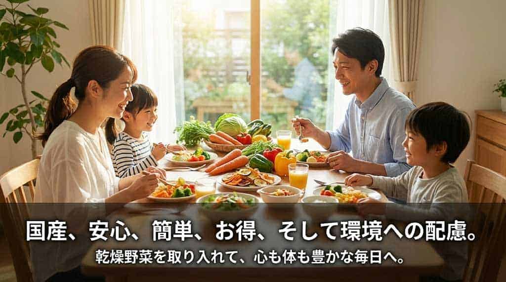 国産・安心・簡単・お得・環境配慮の5つのメリットで豊かな毎日を送るまとめスライド