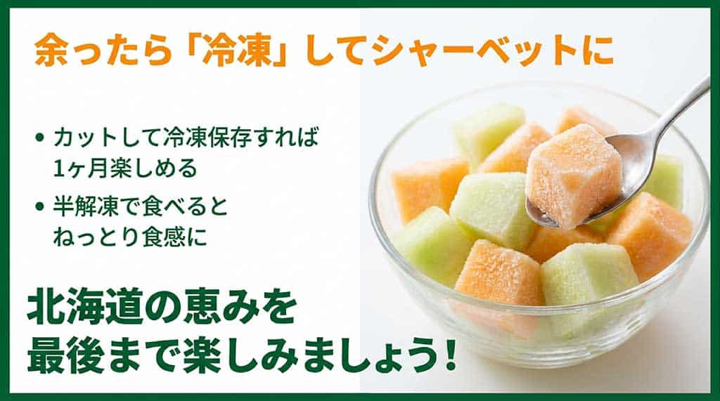 カットしたメロンを冷凍してシャーベットとして楽しむ方法と1ヶ月保存できることの案内