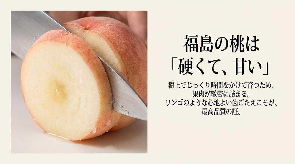 樹上でじっくり育ち果肉が緻密に詰まった福島桃の硬さと甘さの解説