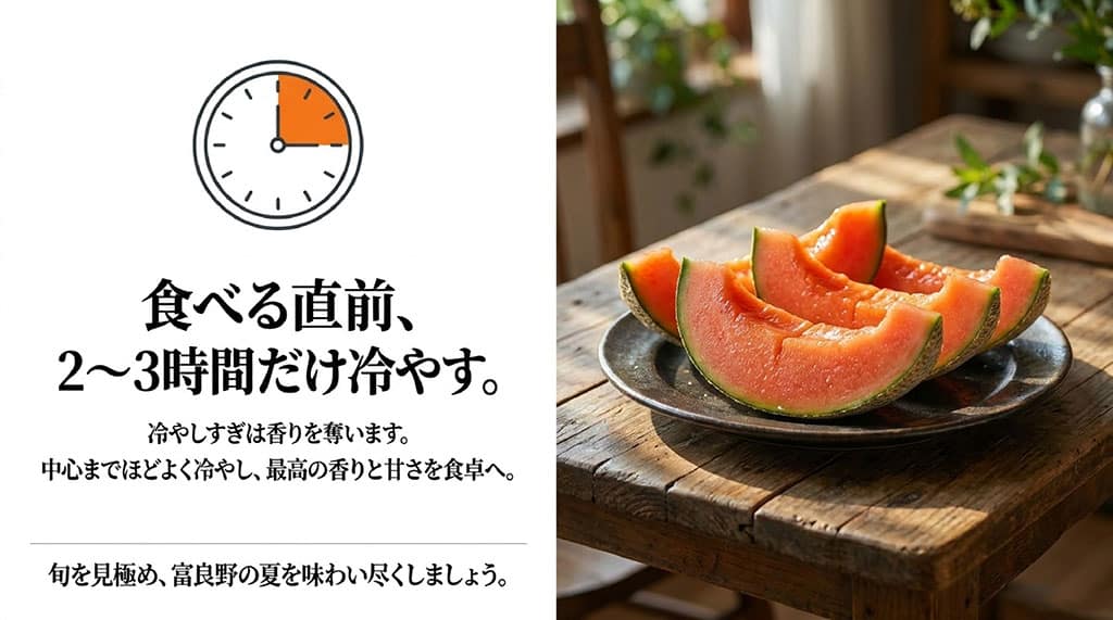 食べる直前の富良野メロンの冷却サインとカットされた果肉.
