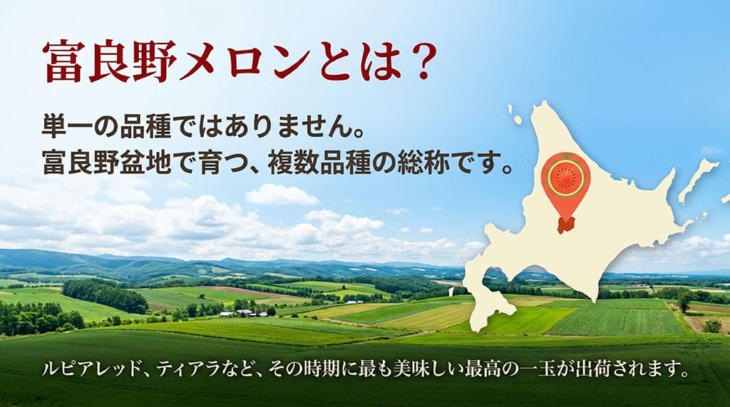 北海道地図と富良野盆地の風景を背景に、富良野メロンが複数品種の総称であることを説明した図
