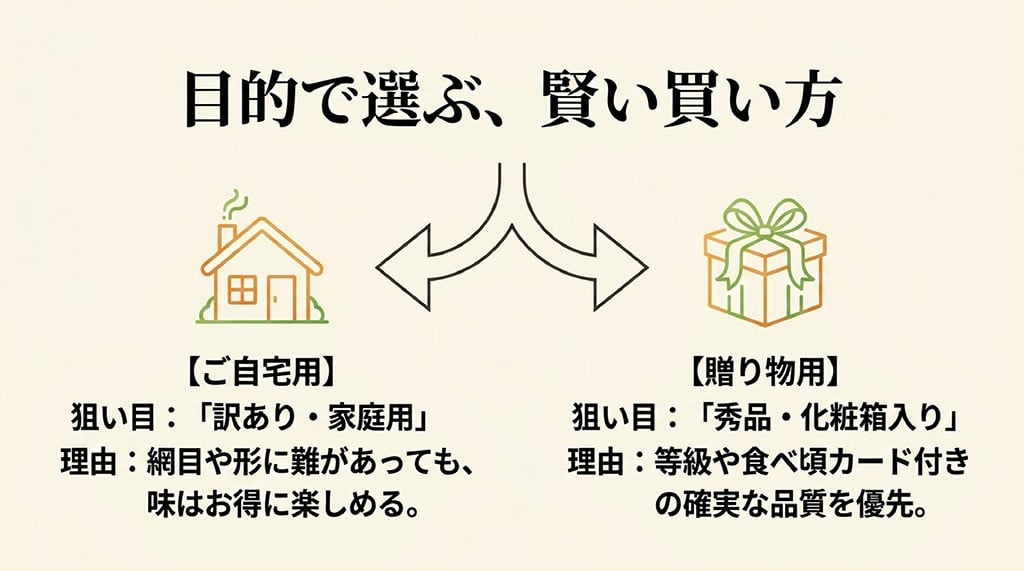 自宅用は訳あり品や家庭用、贈答用は秀品や化粧箱入りを選ぶ方法を示した図