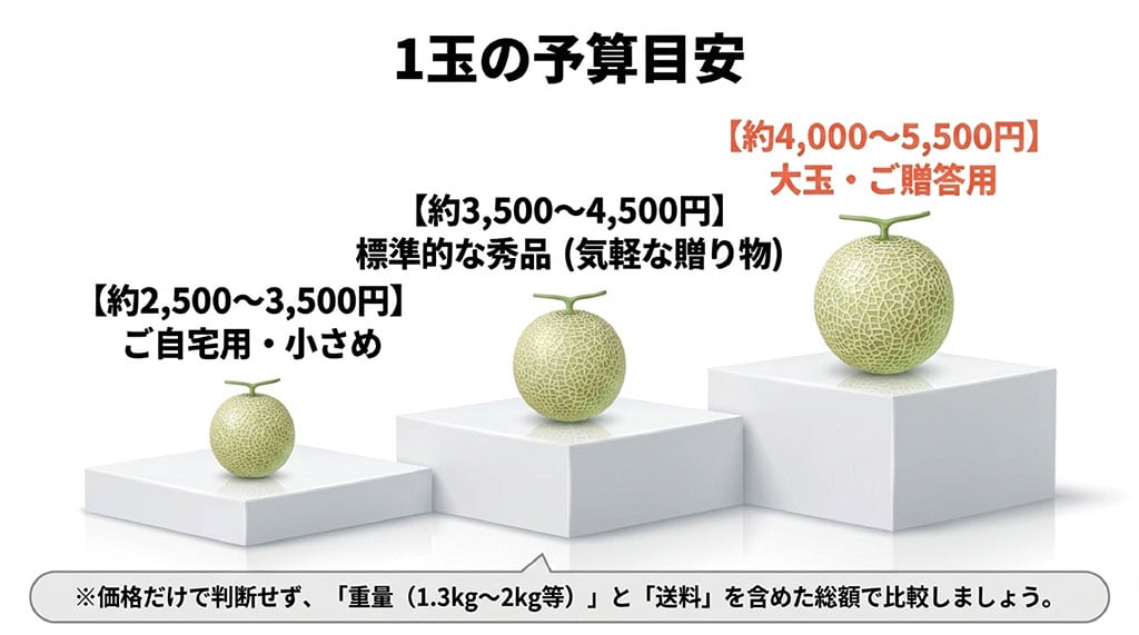 富良野メロン1玉の価格を自宅用、標準的な秀品、大玉・贈答用の3段階で示した図