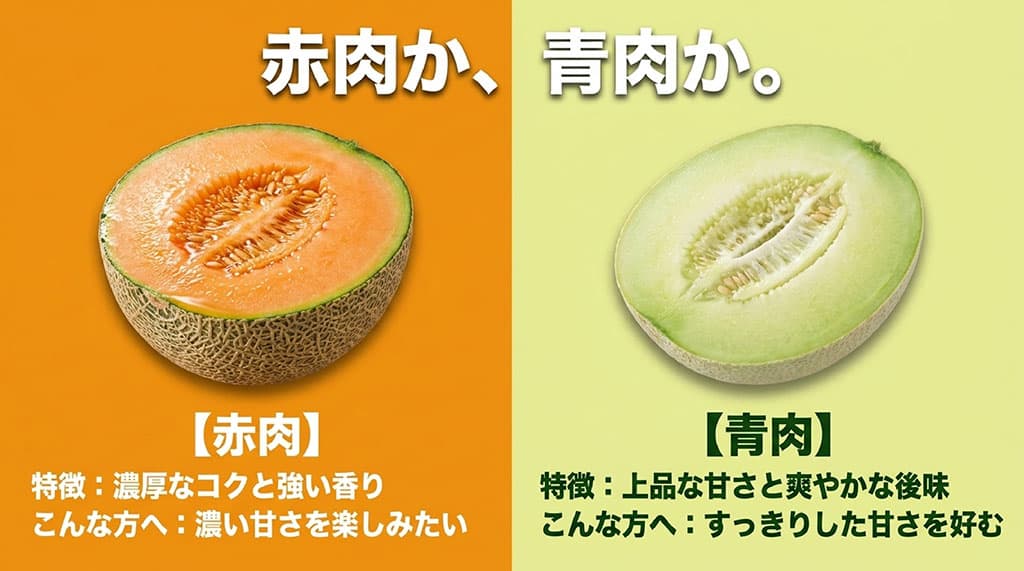 オレンジ色の赤肉メロンと淡い緑色の青肉メロンについて、甘さや香り、後味の違いを比較した図