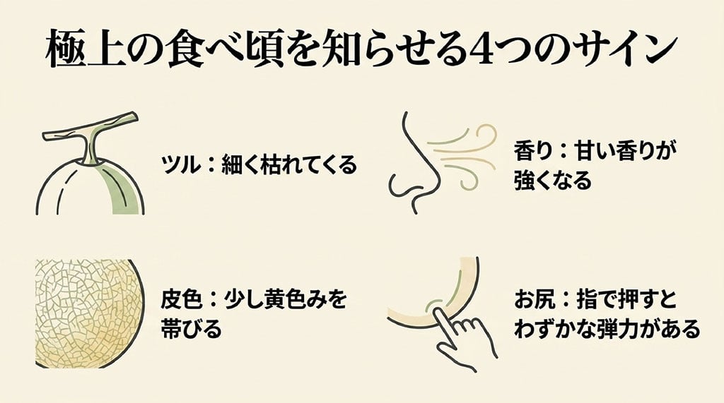 富良野メロンの食べ頃をツル、甘い香り、果皮の黄色み、お尻の弾力で見分ける4つのサイン