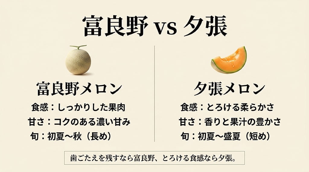 富良野メロンと夕張メロンの食感、甘さ、香り、旬の違いを比較した図
