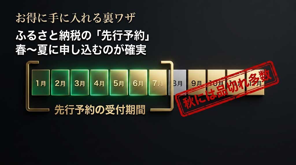 ふるさと納税の先行予約受付期間(1月〜7月)と秋の品切れ注意を伝えるスケジュール画像