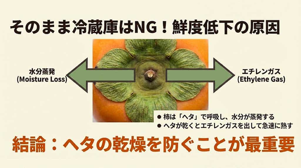 柿はヘタで呼吸し水分が蒸発すること、ヘタが乾くとエチレンガスが出て熟成が進むことを説明する図解