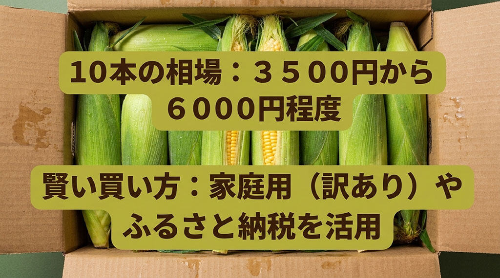 ゴールドラッシュとうもろこし10本入りの通販価格は3500円から6000円程度で、家庭用訳あり品やふるさと納税も選択肢になることを示した画像