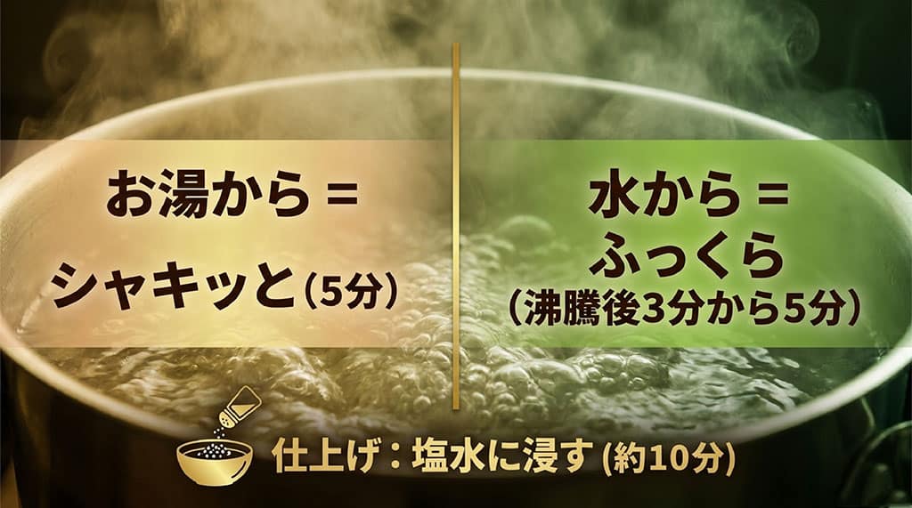 ゴールドラッシュとうもろこしをお湯から5分茹でる方法と、水から入れて沸騰後3分から5分茹でる方法を比較した画像