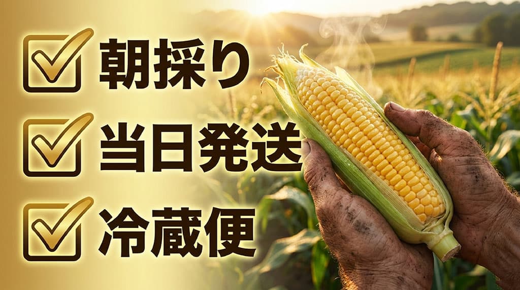 ゴールドラッシュとうもろこしの通販では朝採り、収穫当日発送、冷蔵便を確認することを示した画像