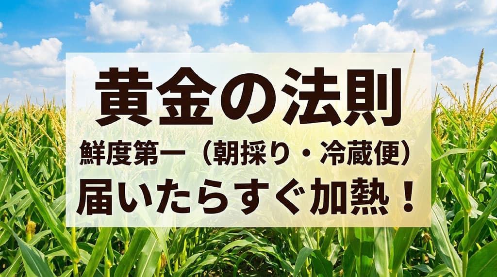 ゴールドラッシュとうもろこしは朝採りと冷蔵便を優先し、届いたらすぐ加熱することが大切だとまとめた画像