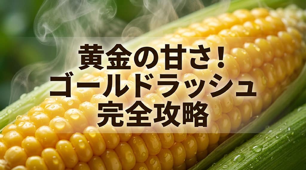 黄金色のゴールドラッシュとうもろこしを背景に、黄金の甘さ・ゴールドラッシュ完全攻略と書かれた記事サムネイル