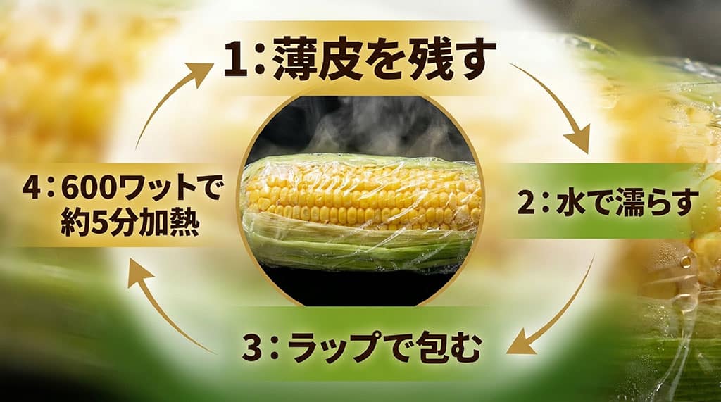 ゴールドラッシュとうもろこしの薄皮を残して水でぬらし、ラップで包んで電子レンジ600Wで約5分加熱