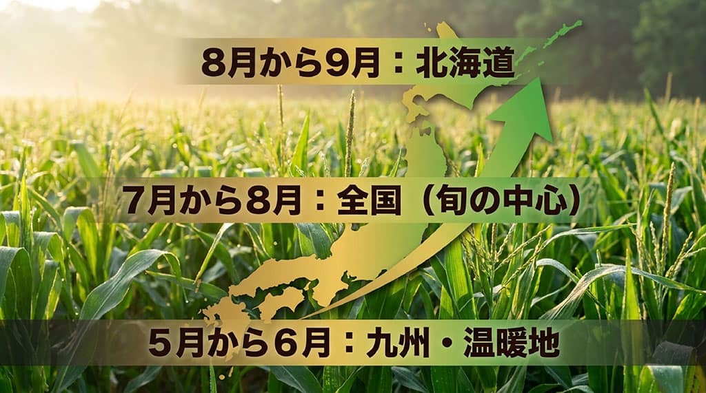 ゴールドラッシュとうもろこしの旬が九州や温暖地では5月から6月、全国では7月から8月、北海道では8月から9月になることを示した画像