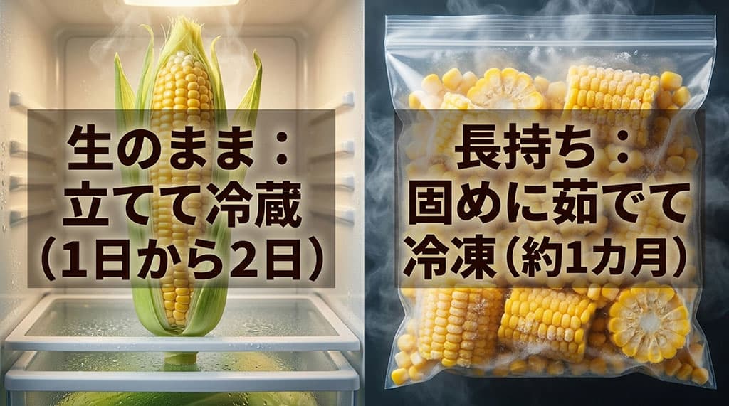 ゴールドラッシュとうもろこしを生のまま立てて冷蔵し1日から2日で食べる方法と、硬めに茹でて約1か月冷凍する方法